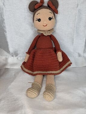 Handmade Crochet Doll in Rust Red and Beige